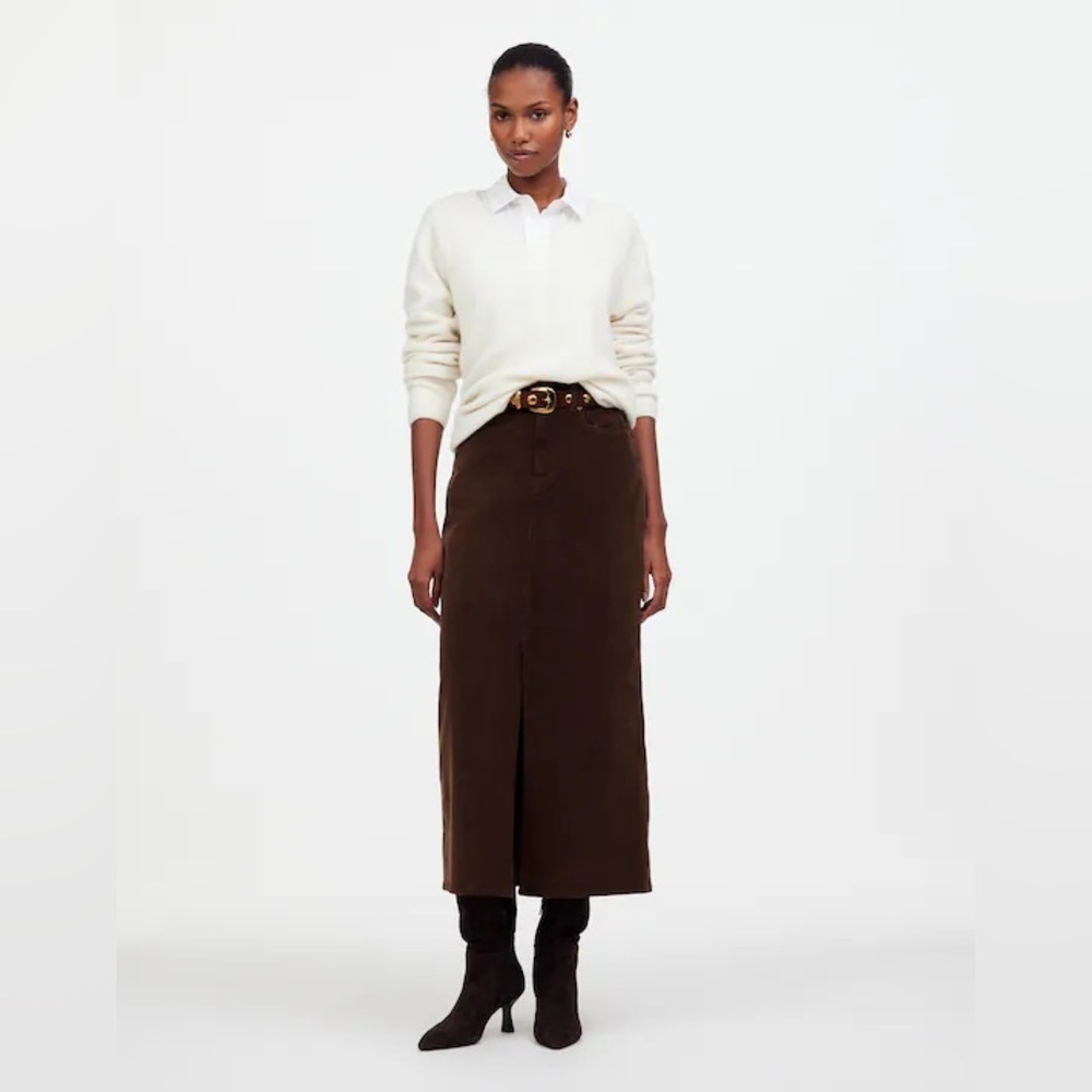 Madewell Chocolate Brown Corduroy Midi Skirt Sz 29 preppy front slit 36” long